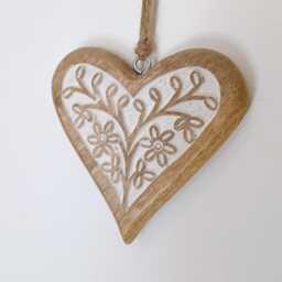 Large Mango Wood Hand Carved Hanging Heart With White Flower Detail & Infill - Decoration Wall Decor Rustic - thumbnail 1