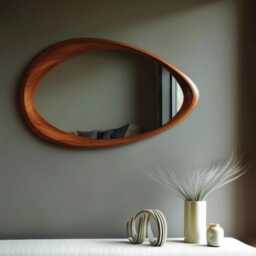 Asymmetric Solid Wood Mirror - Organic Wall Frame Rustic Bathroom & Living Room Decor Walnut - thumbnail 1