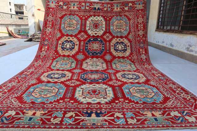 7x10 Ft Red Afghan Luxury New Area Rug, Kazak Hand Knotted Rug, Medallion Geometric Carpet, Rug For Livingroom Carpet - image 1