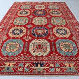 7x10 Ft Red Afghan Luxury New Area Rug, Kazak Hand Knotted Rug, Medallion Geometric Carpet, Rug For Livingroom Carpet - thumbnail 2