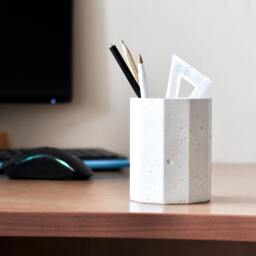 Polygonal Concrete Pen & Pensil Holder - Round Geometric Desk Organizer - thumbnail 2