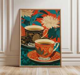 Vintage Tea Cup Art Print, Botanical Still Life Poster - thumbnail 1