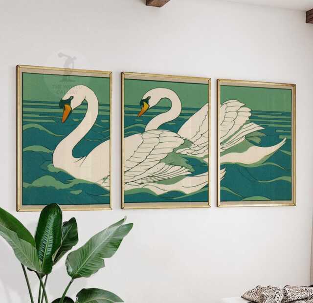 Swan Wall Art Set Of 3 - Japanese Style White Print Serene Lake Bird Artwork Minimalist Green & Teal Home Decor - image 1