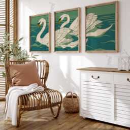 Swan Wall Art Set Of 3 - Japanese Style White Print Serene Lake Bird Artwork Minimalist Green & Teal Home Decor - thumbnail 2