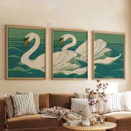 Swan Wall Art Set Of 3 - Japanese Style White Print Serene Lake Bird Artwork Minimalist Green & Teal Home Decor - thumbnail 3