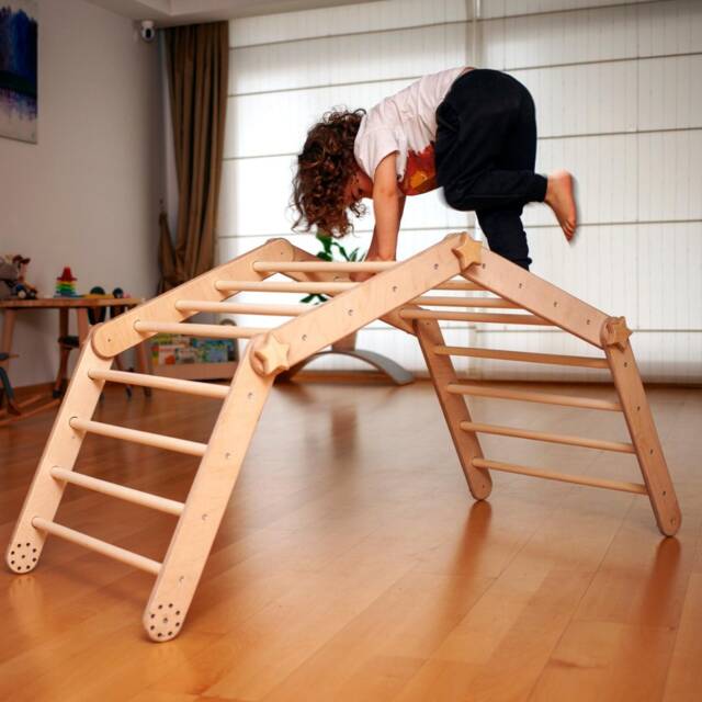 Montessori Wooden Climber Set - Transformable Step Triangle With Ramp Kids Indoor Gym - image 1