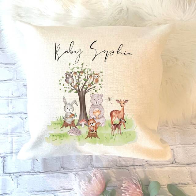 Personalised New Baby Cushion, Nursery Gift For Baby, Woodland Animal Cushion - image 1
