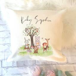 Personalised New Baby Cushion, Nursery Gift For Baby, Woodland Animal Cushion - thumbnail 1