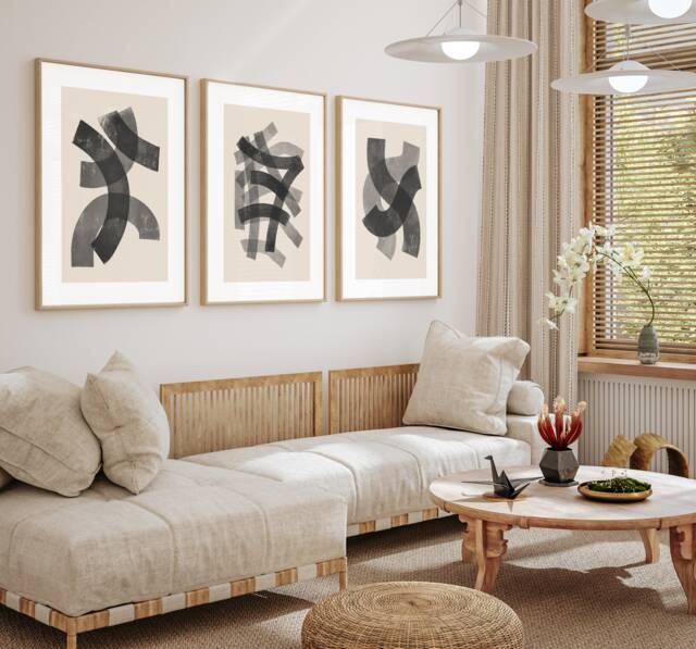 Set Of 3, Geometric Abstract Art, Black Neutral Beige, Living Room Wall Art Poster Prints Home Decor, Sizes Available Up To A1, Fast Delivery - image 1