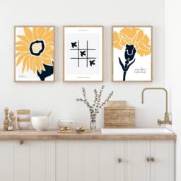 Neutral Wall Prints, Botanical , Yellow Peace & Love Line Art, Beige Home Decor, Hand Drawn Plants, Set Of 3 Prints - thumbnail 1