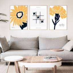 Neutral Wall Prints, Botanical , Yellow Peace & Love Line Art, Beige Home Decor, Hand Drawn Plants, Set Of 3 Prints - thumbnail 2