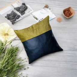 Oscar Blue Faux Leather & Green Baby Face Velvet Pillow Cover-1/3 Design/Housewarming Gift-1Qty - thumbnail 1