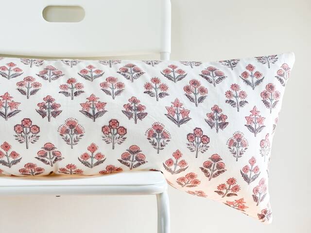 Lumbar Pillow, Block Print Floral Boho Botanical Farmhouse Decor - image 1