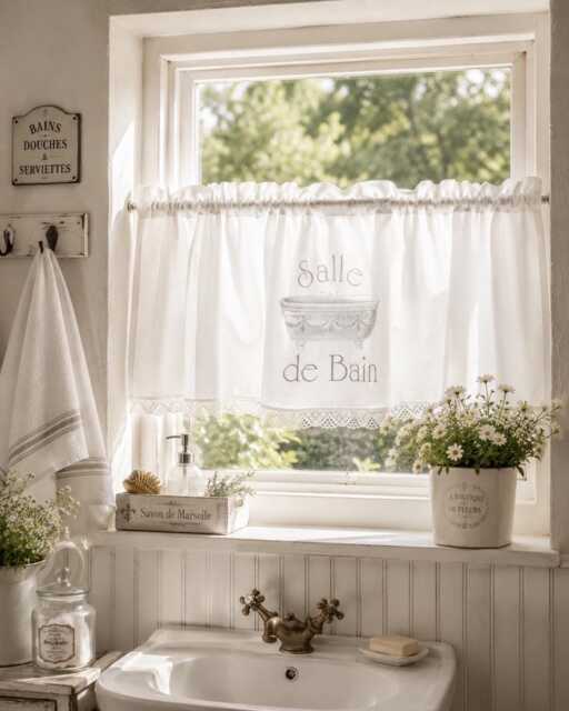 Bistro Curtain, Printed Shabby Chic, Bathroom White Cafe Vintage - image 1