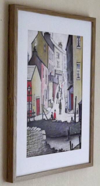 L S Lowry Art Print - Old Town River Scene Light Oak Finish Frame With White Mount & Textured Image - image 1