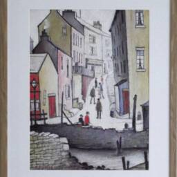 L S Lowry Art Print - Old Town River Scene Light Oak Finish Frame With White Mount & Textured Image - thumbnail 2