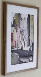 L S Lowry Art Print - Old Town River Scene Light Oak Finish Frame With White Mount & Textured Image - thumbnail 1