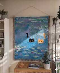 Impressionist Water Lily Cat Woven Throw Blanket - Whimsical Monet Inspired Pond Tapestry Black & Ginger Tabby Art Gift - thumbnail 1