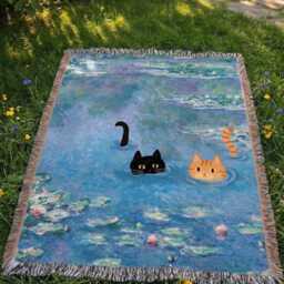 Impressionist Water Lily Cat Woven Throw Blanket - Whimsical Monet Inspired Pond Tapestry Black & Ginger Tabby Art Gift - thumbnail 2