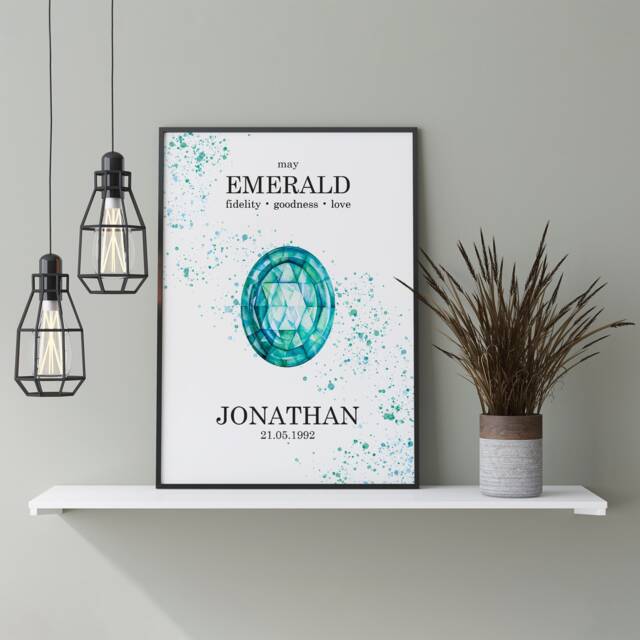 Personalised Emerald May Birthstone Watercolour Splash A3, A4, 5x7 & 4x6 Wall Art Prints