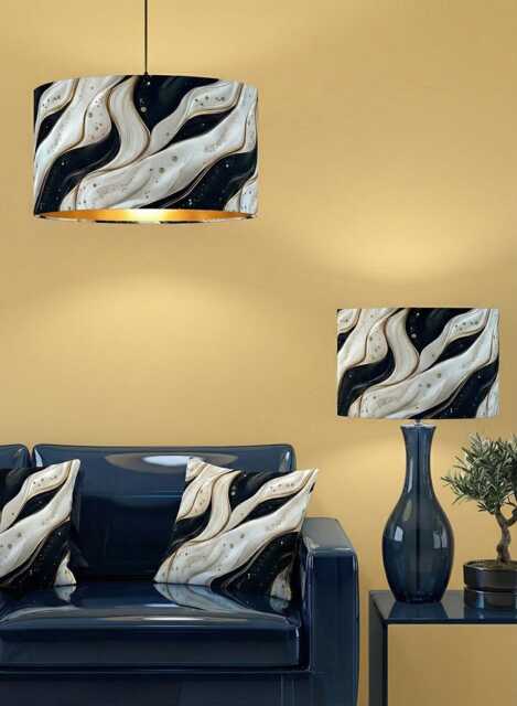 Handmade By Order Luxury Velevt Black & White Pearl Wave Marble Effect With Beads Print On Velvet Drum Lamp Shade Pendant Light Shad - image 1