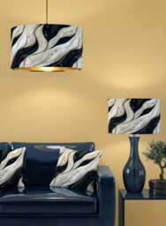 Handmade By Order Luxury Velevt Black & White Pearl Wave Marble Effect With Beads Print On Velvet Drum Lamp Shade Pendant Light Shad - thumbnail 1