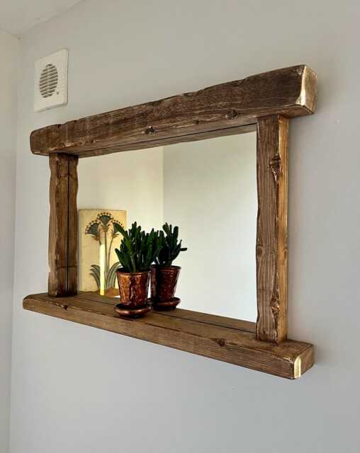 Rustic Wooden Wall Mirror - Handmade Farmhouse Shelf Solid Wood Home D??cor - image 1