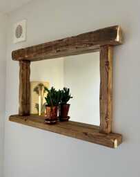 Rustic Wooden Wall Mirror - Handmade Farmhouse Shelf Solid Wood Home D??cor