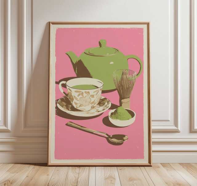 Japanese Matcha Tea Poster, Modern Kitchen Wall Art, Green Teapot & Cup Print, Minimalist Food Illustration, Pink Aesthetic Decor - image 1