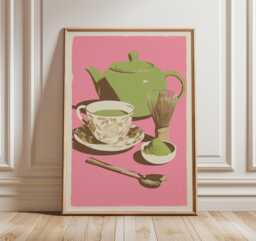 Japanese Matcha Tea Poster, Modern Kitchen Wall Art, Green Teapot & Cup Print, Minimalist Food Illustration, Pink Aesthetic Decor - thumbnail 1