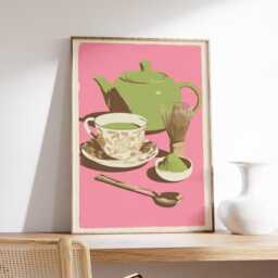 Japanese Matcha Tea Poster, Modern Kitchen Wall Art, Green Teapot & Cup Print, Minimalist Food Illustration, Pink Aesthetic Decor - thumbnail 2
