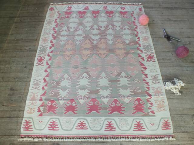 Pink Kilim Rug 5x7 Approx., Tribal Rug, Turkish Colorful Small Decorative Area Handwoven - image 1