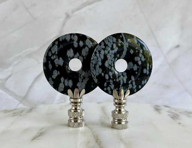 Snowflake Obsidian Lamp Finials On Shiny Chrome Hardware - Black & Grey Tones A Single Finial Or Matching Pair - image 1