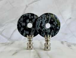 Snowflake Obsidian Lamp Finials On Shiny Chrome Hardware - Black & Grey Tones A Single Finial Or Matching Pair - thumbnail 1