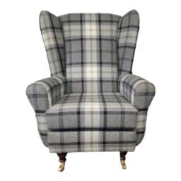 Queen Anne Wingback Chair Black & Grey Tartan, Mahogany Legs - thumbnail 2