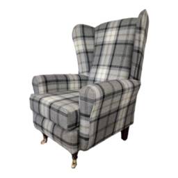 Queen Anne Wingback Chair Black & Grey Tartan, Mahogany Legs - thumbnail 1