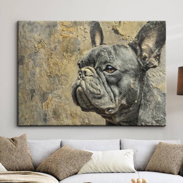 Gold & Grey French Bulldog Dog Pet Abstract Modern Oil Painting Wall Art, Framed Canvas Poster Print, Home Kitchen Office Room Decor, Gifts - image 1