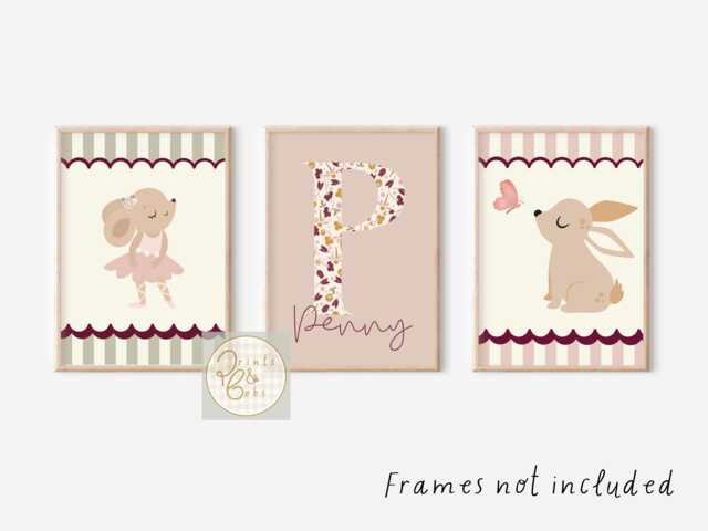 Girls Nursery Prints, Set Of 3 Pretty Flower Initial, Bunny & Ballerina Mouse Prints - Prints Only
