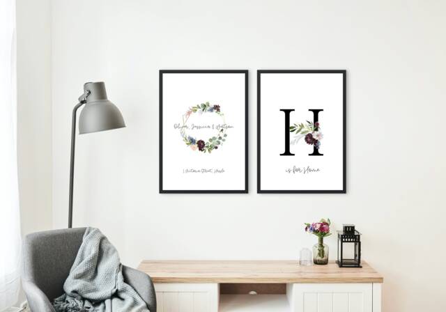 Personalized Family Name Print Set Floral Wreath & Letter H - image 1