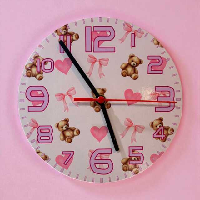 Personalised Wall Clock Pink Bows & Bears - image 1