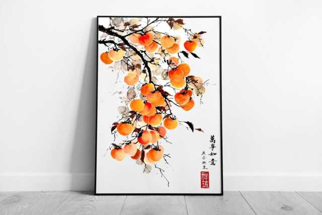 Elegant Persimmon Branch Wall Art Traditional Chinese Ink Painting Print, Framed Asian Decor - image 1