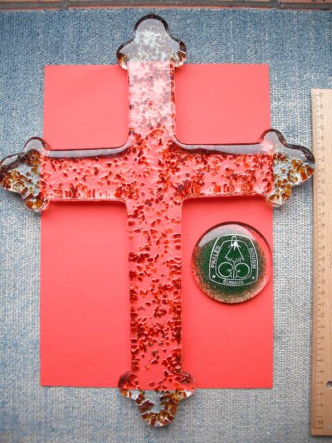 Handblown Glass Wall Crucifix Cross 37 cm X 29 Handmade With Ambra Gold Rubines - image 1