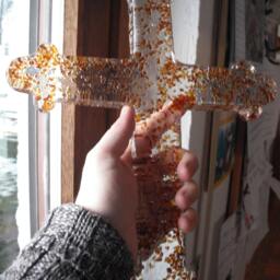 Handblown Glass Wall Crucifix Cross 37 cm X 29 Handmade With Ambra Gold Rubines - thumbnail 4