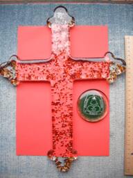 Handblown Glass Wall Crucifix Cross 37 cm X 29 Handmade With Ambra Gold Rubines - thumbnail 1