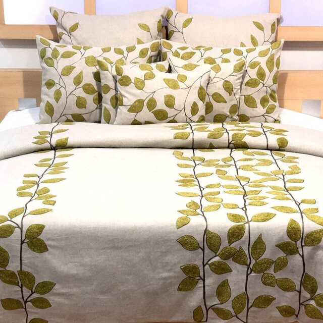 King, Queen & Twin Size Beige Decorative Duvet Cover Set, Linen Boucle Embroidery, Nature Floral Contemporary - Leaf Ivy - image 1