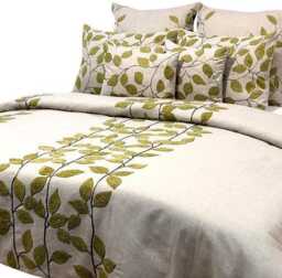 King, Queen & Twin Size Beige Decorative Duvet Cover Set, Linen Boucle Embroidery, Nature Floral Contemporary - Leaf Ivy - thumbnail 2