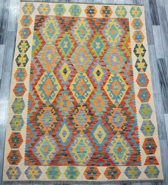 Kilim Rug Multicolour, Handmade Artisan Afghan Turkish, Scandinavian, Navajo, Bohemian Flatweave, Natural Wool 199x154 cm - image 1