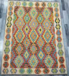 Kilim Rug Multicolour, Handmade Artisan Afghan Turkish, Scandinavian, Navajo, Bohemian Flatweave, Natural Wool 199x154 cm - thumbnail 1