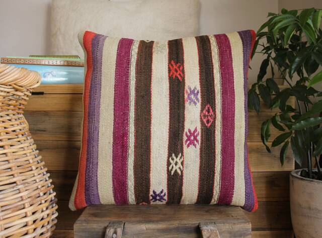 50cm - Or 20Inch Vintage Kilim Cushion Cover Handwoven - Boho Purple Mauve Black White Stripes With Motifs - image 1
