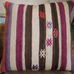 50cm - Or 20Inch Vintage Kilim Cushion Cover Handwoven - Boho Purple Mauve Black White Stripes With Motifs - thumbnail 2